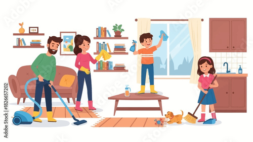 Happy family working together to clean their home, illustrating a joyful household routine with parents and children sharing chores and responsibilities
