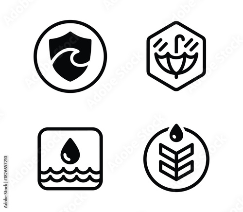 Water protection and waterproof icon set featuring wave shield, rain umbrella, water droplet, and plant with water
