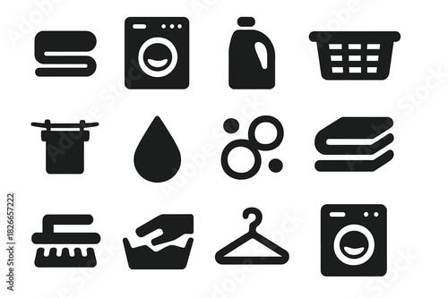Laundry Routine Icons. Laundry routine. Solid icon set of Laundry routine: towel, washing machine, detergent bottle, laundry basket, drying line, water