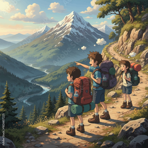 Three hikers on a mountain trail, admiring the scenic view of a snow-capped peak.