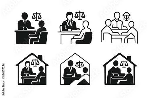 Lawyer Interaction Icons. Lawyers interacting with clients in various settings (offices, homes). Icon set. Set Logo of Lawyers interacting with clients in