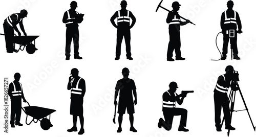 Construction worker silhouette illustration set, black vector, safety gear poses, surveying activity, wheelbarrow, tools, engineering theme