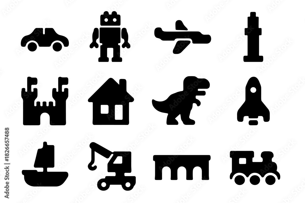 Naklejka premium LEGO Creation Icons. LEGO creations. Solid icon set of LEGO creations: car, robot, plane, tower, castle, house, dinosaur, spaceship, boat, crane, bridge,