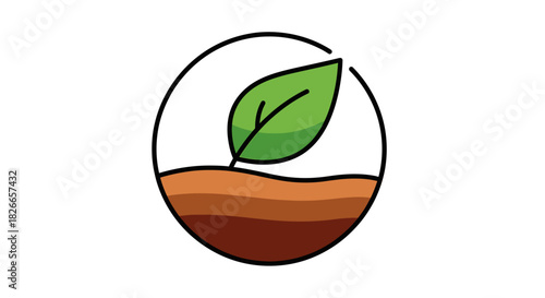 Illustration of a green leaf growing out of brown soil within a circular frame.