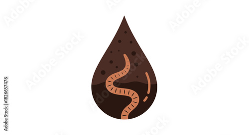 Illustration of an orange worm inside a brown teardrop-shaped soil droplet on a white background with a simple graphic style.