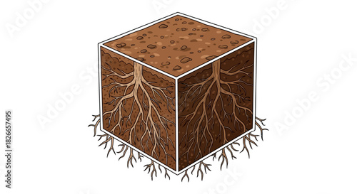 Illustration of a soil block with visible roots and root system on a white background, showcasing soil structure and root growth.