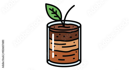 Illustration of a small potted plant with a green leaf growing out of brown soil in a cylindrical pot on a white background.