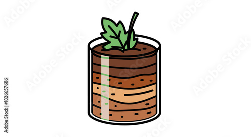 Illustration of a plant sprouting in a cylindrical pot with layered soil on a white background.