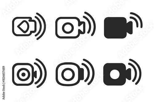 Live Broadcast Logos. Transmitting live. Icon set. Set Logo of transmitting live: camera with broadcast lines. harmonious logo variations of the same