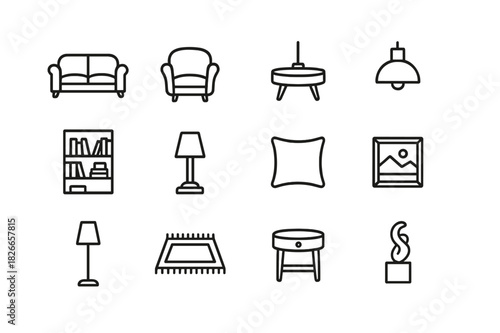 Luxury Interior Icons. Luxury Interior. Line icon set of Luxury Interior: dark leather sofa, elegant armchair, coffee table, pendant light, bookshelf, table