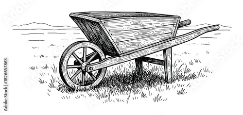 Wheelbarrow standing on field hand drawn sketch vector illustration engraved style