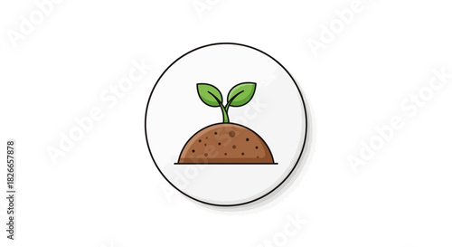 A simple illustration of a green plant sprouting from a brown soil mound within a circle on a white background.