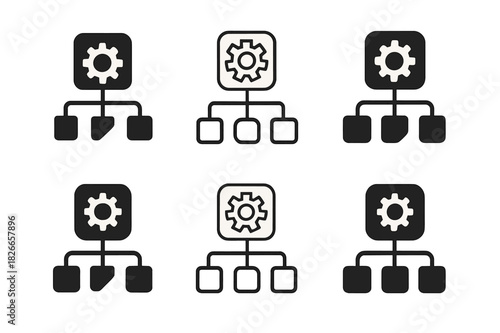 Machine Learning Logos. Machine learning algorithm flowchart. Icon set. Set Logo of machine learning algorithm flowchart: Process boxes and arrows. harmonious