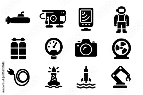Marine Technology Icons. Marine technology. Solid icon set of Marine technology: submarine, underwater drone, sonar device, diving suit, oxygen tank, pressure