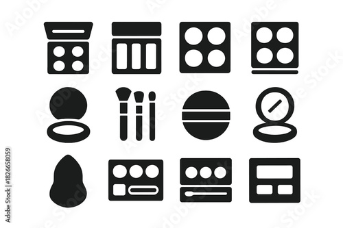 Makeup Palette Icons. Makeup palettes. Solid icon set of makeup palettes: eyeshadow palette, contour palette, highlight palette, blush palette, open compact,