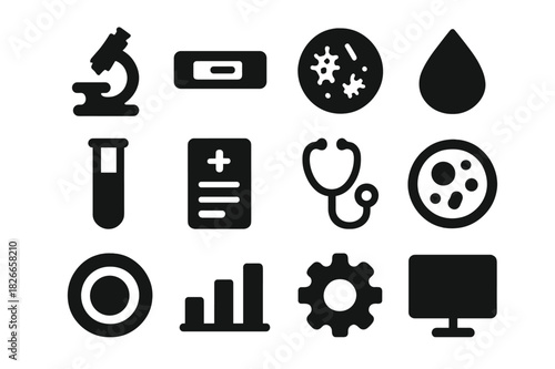 Medical Analysis Icons. Medical Analysis. Solid icon set of Medical Analysis: microscope, sample slide, bacteria, blood drop, test tube, report, stethoscope,