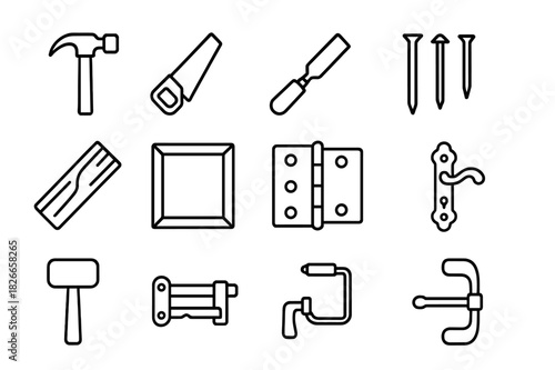 Medieval Carpentry Icons. Medieval carpentry. Line icon set of medieval carpentry: hammer, saw, chisel, nails, plank, wooden frame, hinge, joinery, door