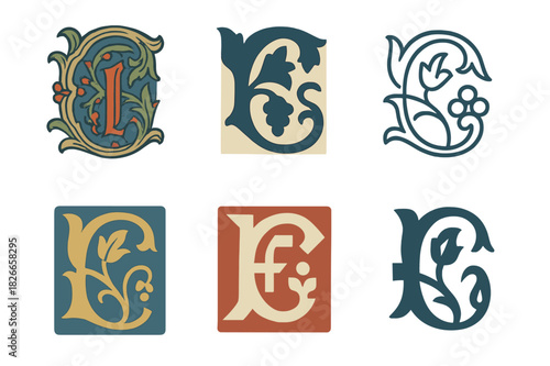 Medieval Emblem Icons. Historical artwork. Icon set. Set Logo of historical artwork: medieval illuminated manuscript page. harmonious logo variations of the