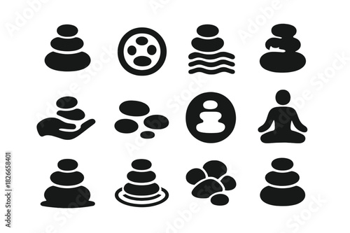 Meditation Stones Icons. Meditation stones. Solid icon set of Meditation stones: stacked pebbles, circular pattern, sand waves, moss, hand icon, smooth rocks,