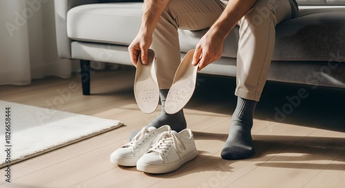 Man inserts orthopedic insoles for shoes to improve comfort and support sitting on sofa at home in socks while holding inserts and sneakers near white rug on wooden floor