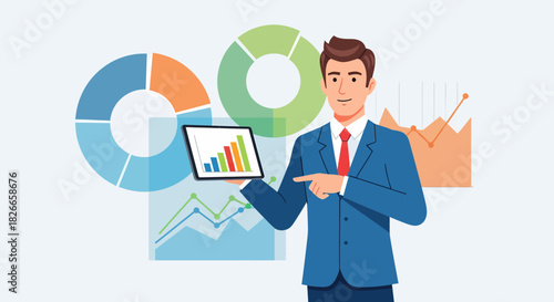 Businessman Presenting Financial Data on a Tablet with Charts