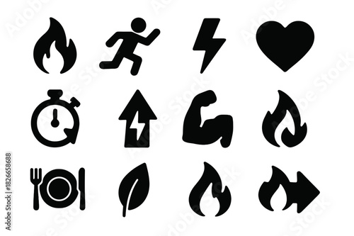 Metabolism Boost Icons. Metabolism boost. Solid icon set of Metabolism boost: flame icon, running figure, lightning bolt, heart, stopwatch, energy arrow,