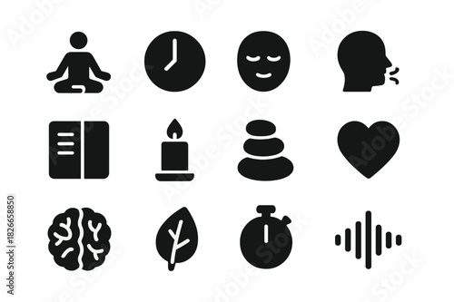 Mindfulness Icon Set. Daily mindfulness. Solid icon set of Daily mindfulness: meditation pose, clock, calm face, breathing icon, journal, candle, zen stones,