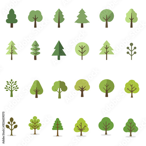 green tree icons collection vector illustration, modern green tree icons set for nature projects, stylish green tree icons artwork for landscape, environment, and ecology graphic design