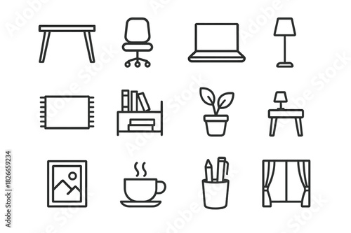 Minimalist Home Office Icons. Home Office Comfort. Line icon set of Home Office Comfort: desk, chair, laptop, floor lamp, rug, bookshelf, potted plant, side