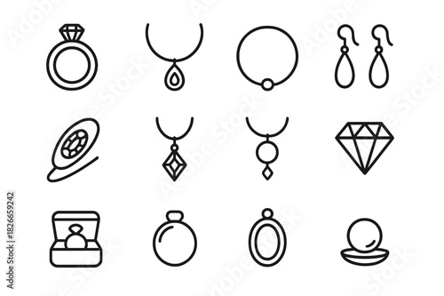 Minimalist Jewelry Icons. Jewelry collection. Line icon set of jewelry collection: ring, necklace, bracelet, earrings, brooch, pendant, anklet, gem, jewelry