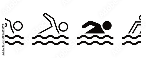 Simple swimming icons set for summer fun, aquatic sports and recreation, perfect for website design and print materials showcasing fitness or vacation activities, vector illustration