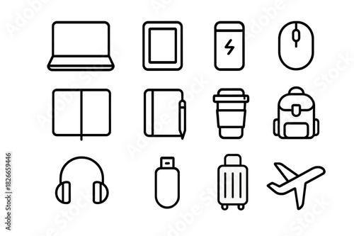 Mobile Office Essentials. Mobile Office. Line icon set of Mobile Office: laptop, tablet, power bank, portable mouse, notebook, pen, coffee cup, backpack,