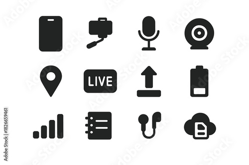 Mobile Reporting Icons. Mobile Reporting. Solid icon set of Mobile Reporting: smartphone, selfie stick, microphone, camera lens, location pin, live icon,