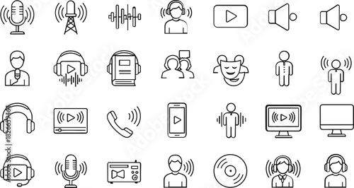 Collection of audio and media icons silhouette