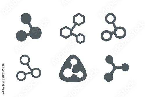 Molecule Logo Variations. Molecules. Icon set. Set Logo of molecules: interconnected atom chain. harmonious logo variations of the same emblematic concept,