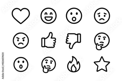 Monochrome Emoji Icons. Mixed reactions. Line icon set of mixed reactions: love, laugh, wow, sad, angry, thumbs up, thumbs down, clapping, surprised face,