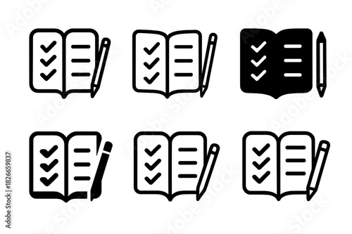 Morning Checklist Icons. Planning the workday with a morning checklist. Icon set. Set Logo of planning the workday with a morning checklist: open notebook and