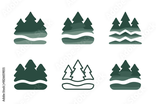 Morning Fog Icons. Morning Fog. Icon set. Set Logo of morning fog: blurred forest outline. harmonious logo variations of the same emblematic concept, each with