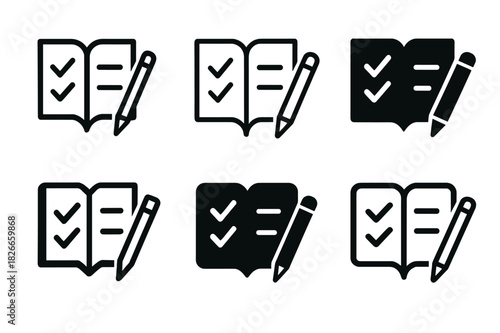 Morning Checklist Icons. Planning the workday with a morning checklist. Icon set. Set Logo of planning the workday with a morning checklist: open notebook and