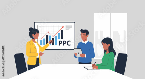 PPC Strategy Discussion In Modern Meeting Room Illustration Style