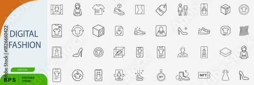 Digital fashion line icons set, virtual clothing vector collection