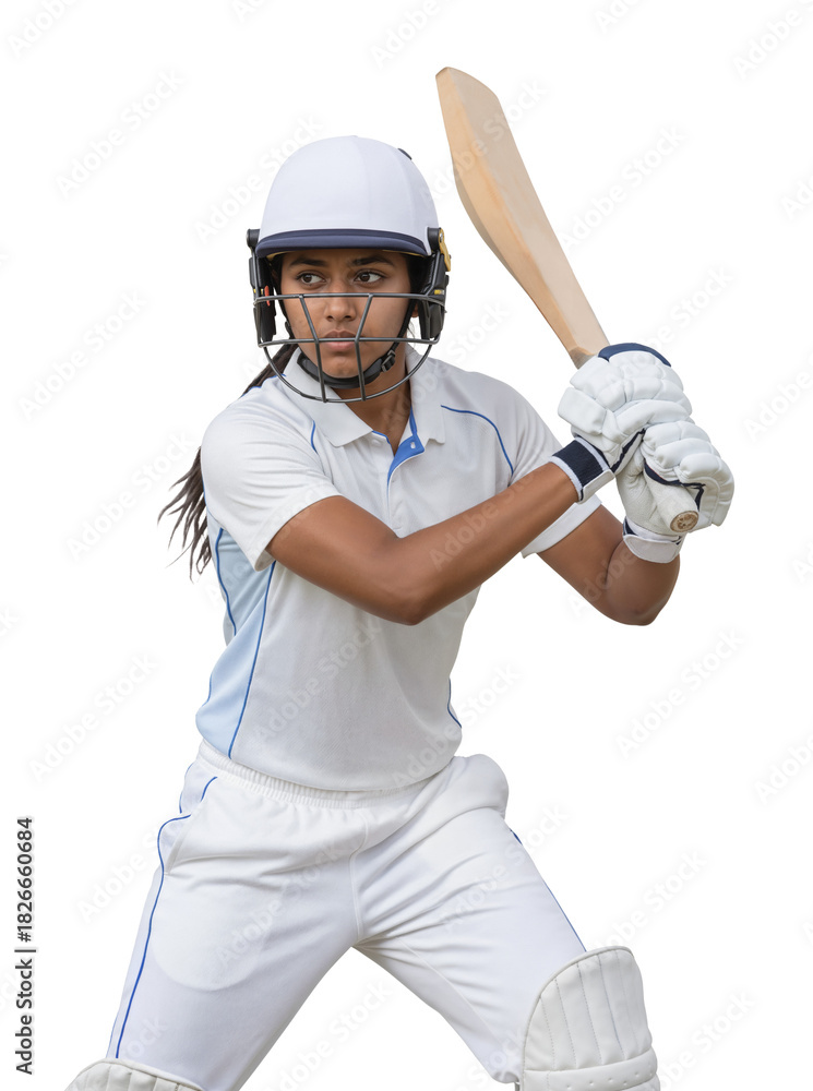 Fototapeta premium Female cricketer in white uniform focused on the game with bat raised