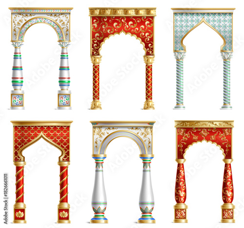 Colorful traditional arch and pillar elements on white background realistic