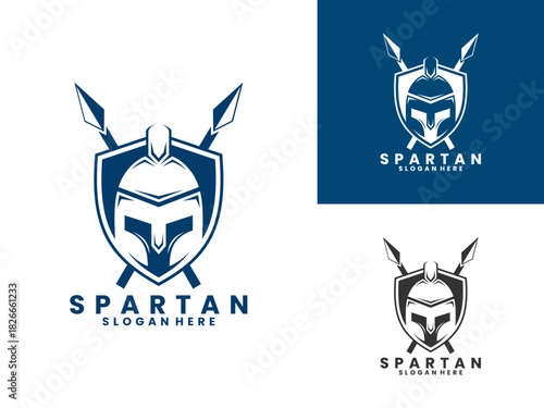 Spartan warrior with shield and spear logo design vector template. Spartan logo design vector