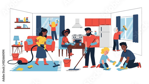 Diverse group cleaning a house together, enjoying the teamwork and results