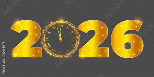Vector illustration of New Year 2026 text with watch on transparent background