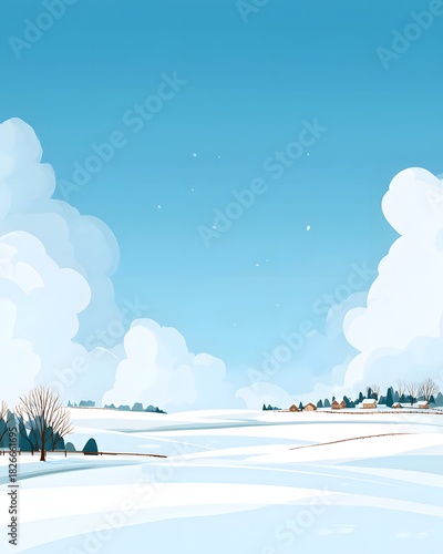 Flat vector snow field background winter sky smooth shapes open empty layout soft seasonal theme