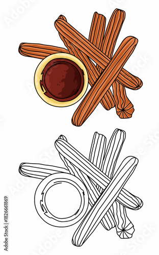 coloring book with delicious churros and melted chocolate 