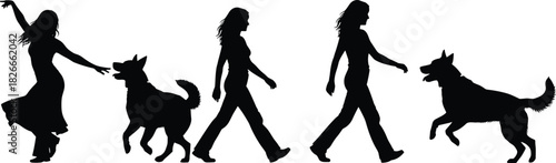 Active black and white vector silhouette collection showing women walking and playing with dogs isolated on white background for lifestyle and pet training concepts.