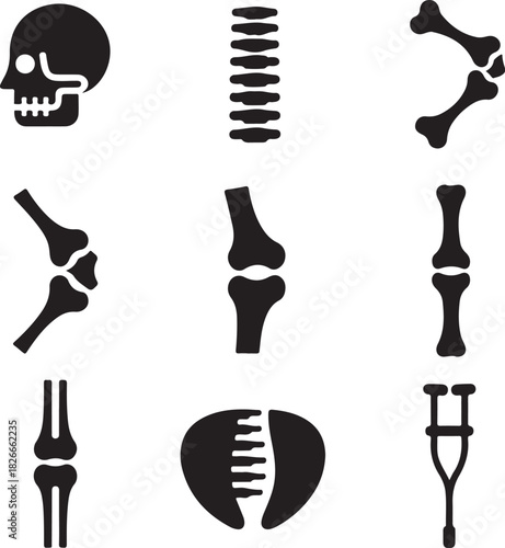Bone icons, human skeleton, skull head, spine column, joint fracture, crutch support